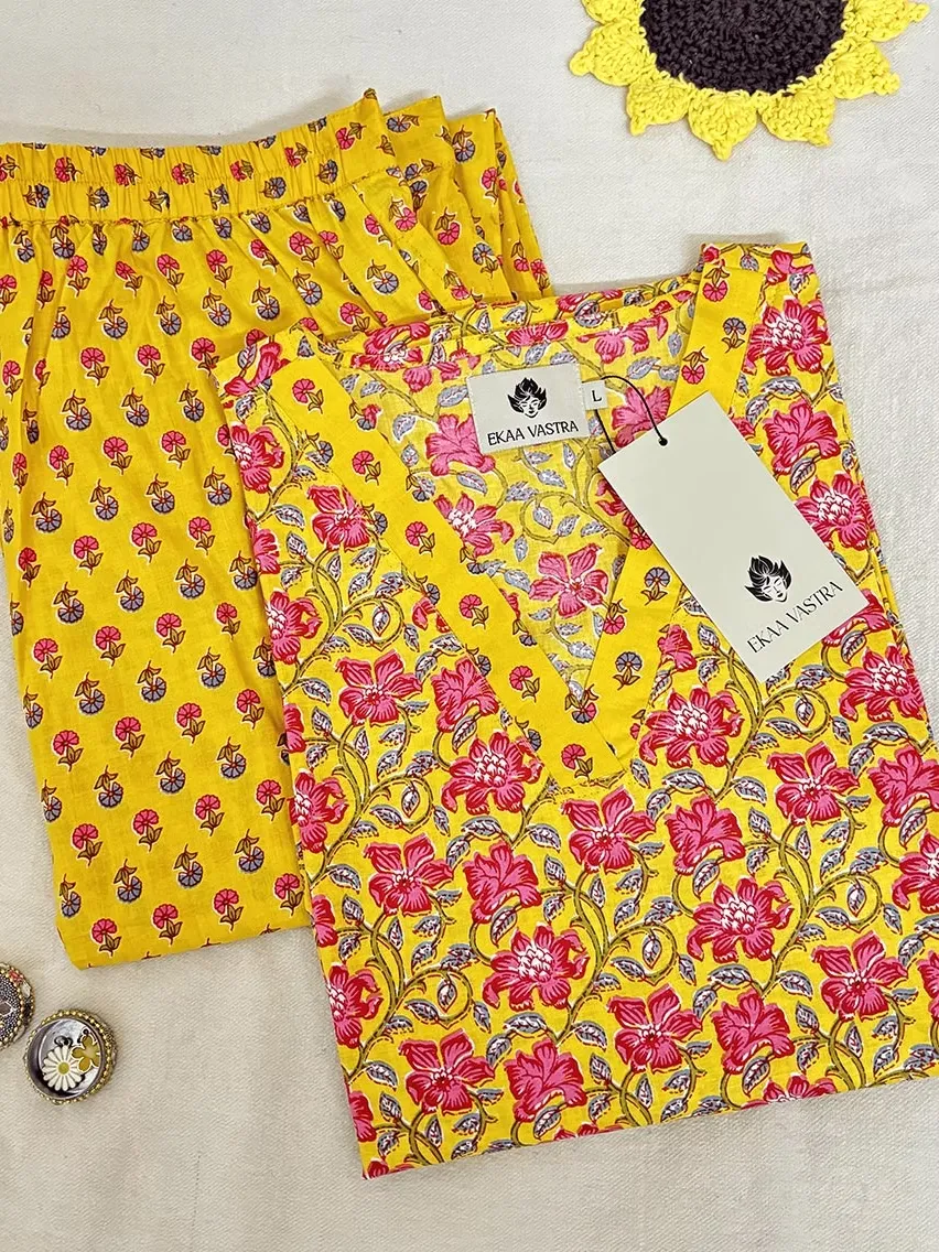 Vibrant Yellow Floral Print Suit Set - Alternative View